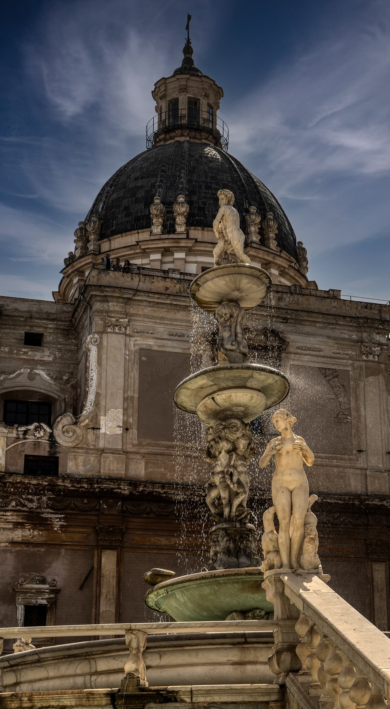 Fountains and baroque palace in Palermo, Sicily, Italy